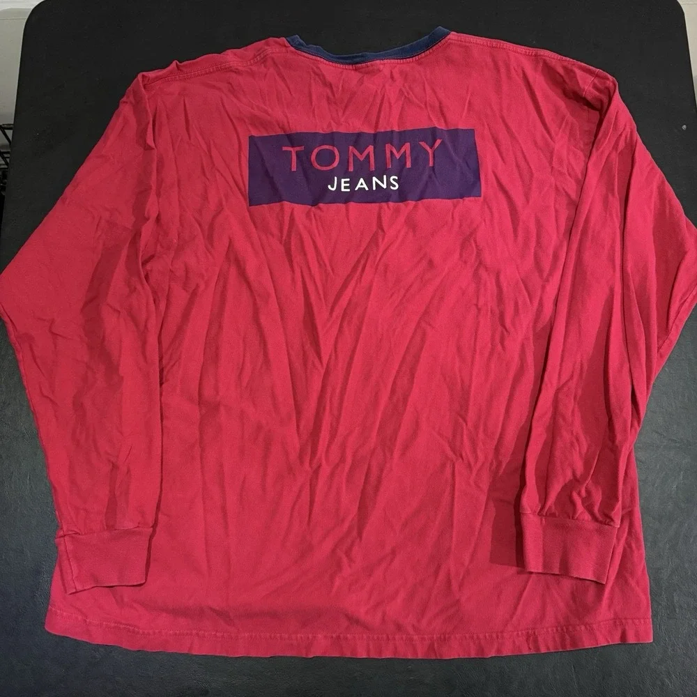 Vintage Tommy Hilfiger Jeans Long Sleeve Shirt Red Logo 90s Y2K Mens‎ 2XL